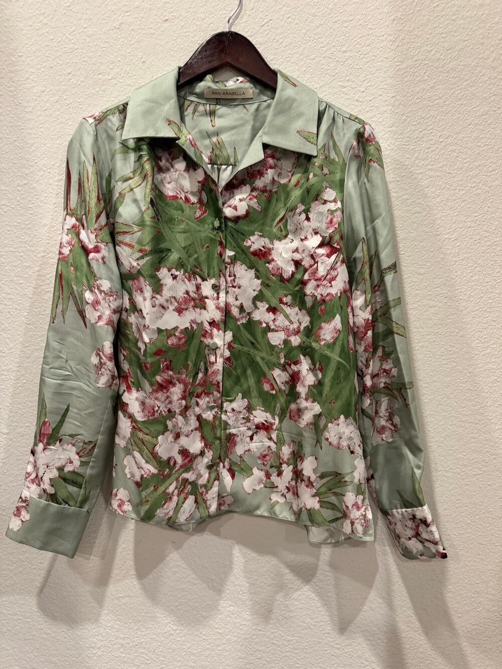 Rani Arabella Liguria 100% Silk Shirt Green Floral Print Made in Italy Women L